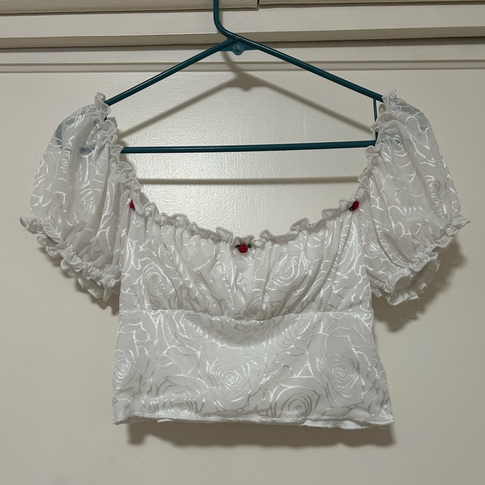 Mesh Rosette Ruched Short Sleeve Top